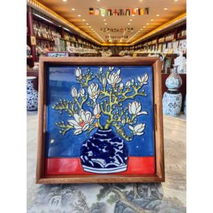 大正方高两河手绘立体浮雕瓷板画陶瓷托盘茶盘花卉花鸟茶托盘非遗
