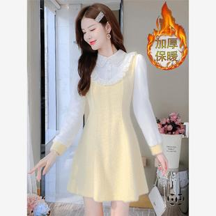 小香风甜美加绒加厚打底毛衣裙秋冬小个子短款娃娃领水貂绒连衣裙