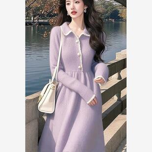 配大衣冬裙漂亮独特气质清纯系掐腰超好看紫色内搭针织连衣裙子女