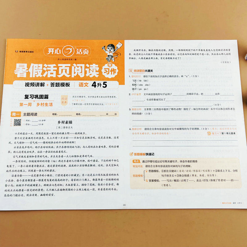 开心暑假活页阅读小学语文人教版四升五年级课本同步阅读理解习作复习巩固四年级下册预习新知五年级上册4升5年级暑假衔接作业本