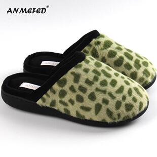 出口外单柔软毛绒加厚底防滑时尚居家秋冬室内石头纹绿色棉拖鞋妇