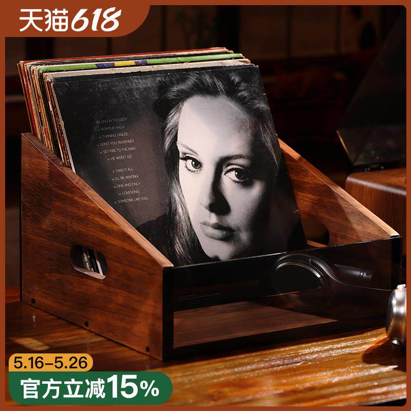 胡桃实木黑胶唱片收纳架CD展示盒12寸大容量碟片箱简约复古LP支架