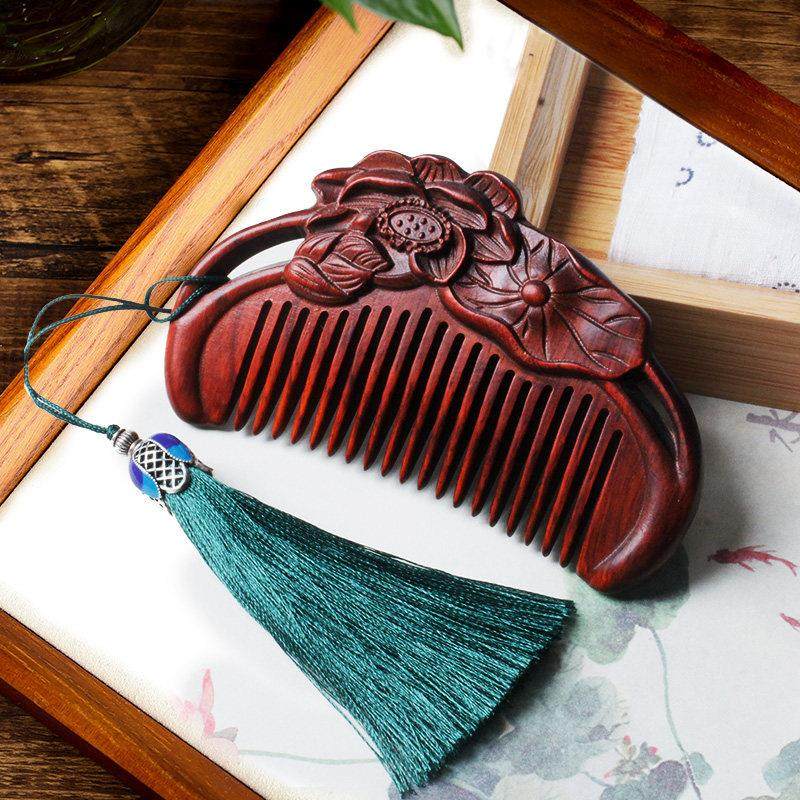 天然雕花梳小叶紫檀木梳子头皮按摩梳古风雕花梳便携送女生日礼物