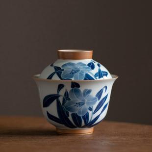 纯手绘百合花盖碗单个泡茶碗陶瓷家用不烫手泡茶器手抓碗功夫茶具