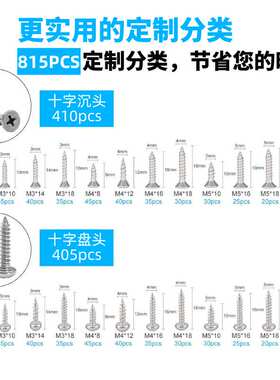 跨境815pcs304不锈钢十字槽自攻螺钉组合盒装
