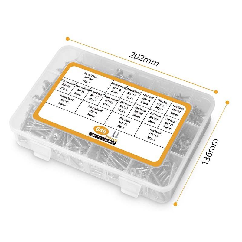 640pcs/盒 304不锈钢十字盘头/平头自攻螺丝套装M3/M4/M5/M6