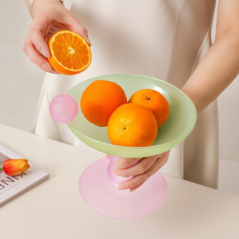 小清新玻璃果盘彩色家用简约客厅茶几餐桌糖果零食收纳高脚水果盆