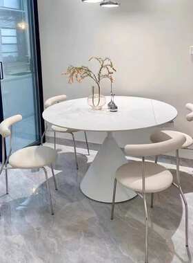 奶油风纯白色哑光岩板餐桌旋转伸缩折叠小户型餐台方变圆两用桌子