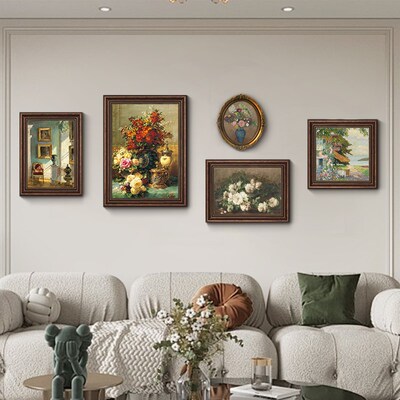 《榴花如火》美式客厅组合装饰画复古沙发背景墙墙壁画肌理油画