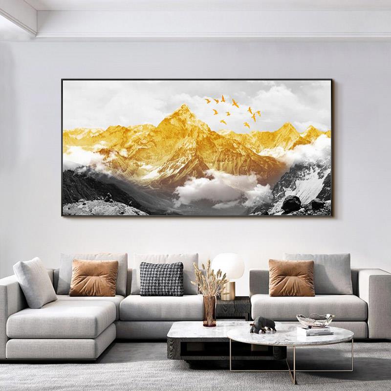 网红厅背靠山装饰画日照金客山有沙发背景墙奢挂画横幅北欧轻风壁