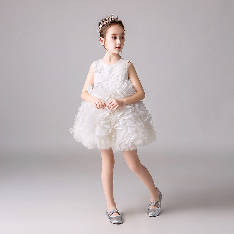 女童高端礼服洋气蓬蓬公主裙白色短款钢琴演奏表演走秀主持生日