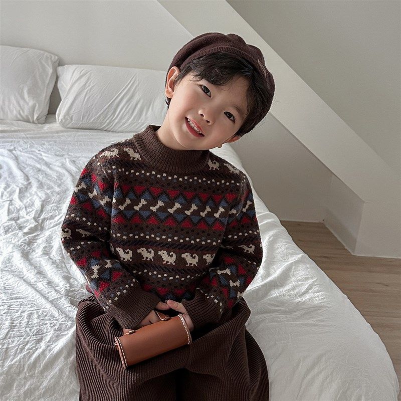 暮晨家新款冬装2024男童加厚半高领毛衣中小童复古风提花毛衣内搭