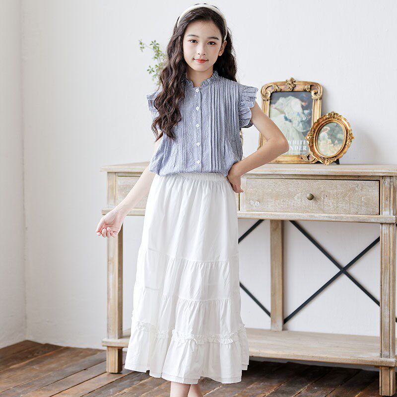 女童半身裙夏季长裙洋气中大童女孩蛋糕裙公主裙格子衬衫套装裙子