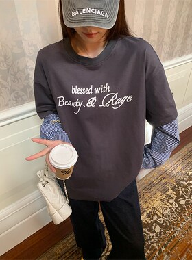 NAZ那子大码春装新款叠穿假两件衬衫T恤胖mm复古格子拼接休闲上衣