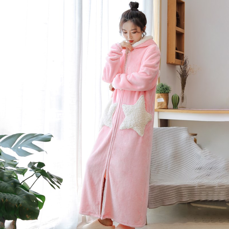 秋冬季甜美可爱睡裙珊瑚绒睡衣女毛茸茸睡袍加绒加厚法兰绒家居服