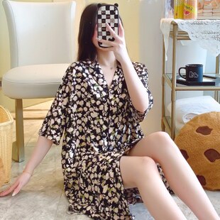 绵绸短袖睡裙宽松性感可外穿睡衣夏韩版少女性感衬衫裙棉绸家居服