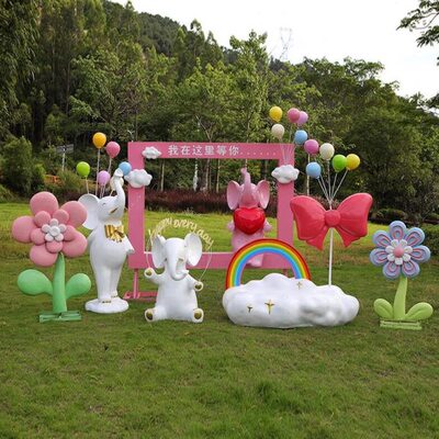 户外卡通大象雕塑玻璃钢大型花朵幼儿园林网红拍照景观装饰摆件