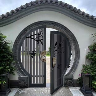新中式月亮门铝合金圆门不锈钢花园门别墅大门入户门农村自建房门