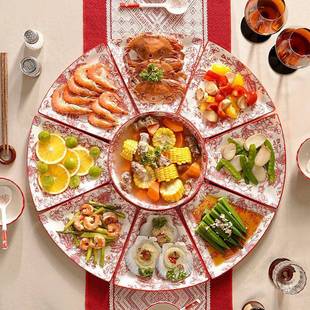 玫盘URS瑰喜庆红拼盘餐具合家团用圆过年聚餐碗筷套装 2024新组款