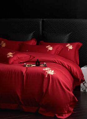端红色结婚四件套陪嫁婚喜字被高套新126婚礼床单婚房喜庆被床上
