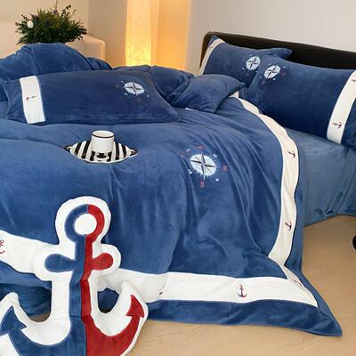 海件洋儿童加厚牛奶绒四套瑚男孩刺绣冬风季珊绒ALM保暖床上用品