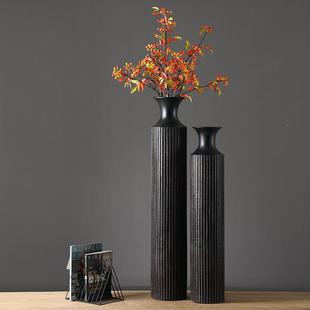 落黑色地细高大花瓶柳龙落地大花专用摆件极简轻奢高档客厅电视柜