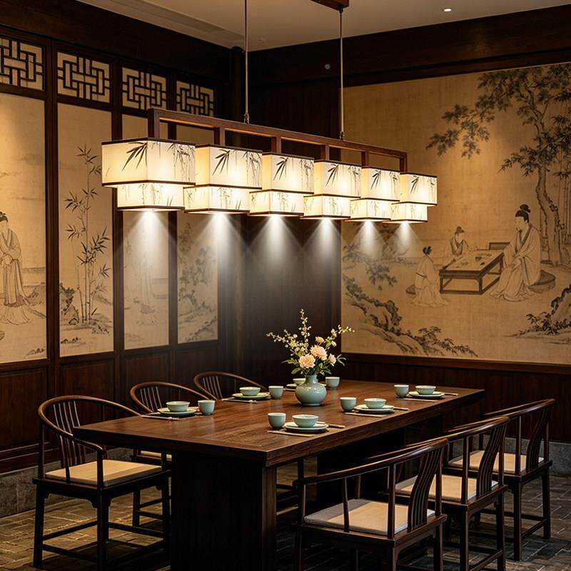 宋式美带学长饭厅吊灯条三头饭厅灯新中式茶室射9080餐吊简约前吧