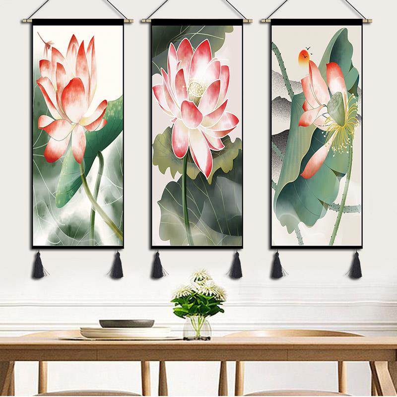 新中式荷花挂画水墨挂毯布艺书房卧室客厅玄关装饰画走廊过道壁画图片