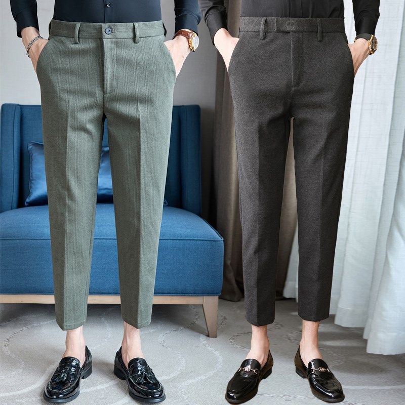 毛呢男裤子8八分休闲裤加厚款商务西裤修身商务秋冬季冬款9九分裤