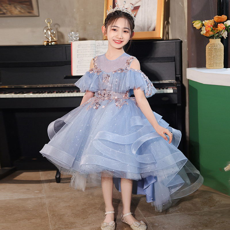 女童礼服前短后长儿童公主裙蓝色高端花童小主持人钢琴表演服夏季