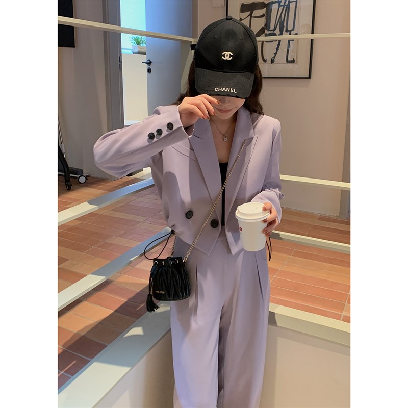 佐佐家小个子 时尚短款西装套装女春季宽松高腰休闲阔腿裤两件套