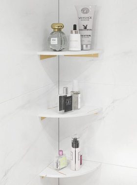 06YM卫生间大理石岩板置物架免打孔浴室转角壁挂不锈钢厕所三角扇