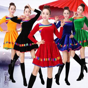 跳舞裙子冬季新款金丝绒连衣裙套装广场舞服表演出服中老年