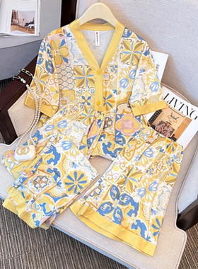 【太阳花睡衣三件套】2025新款轻奢气质舒适弹力家居服套装82161