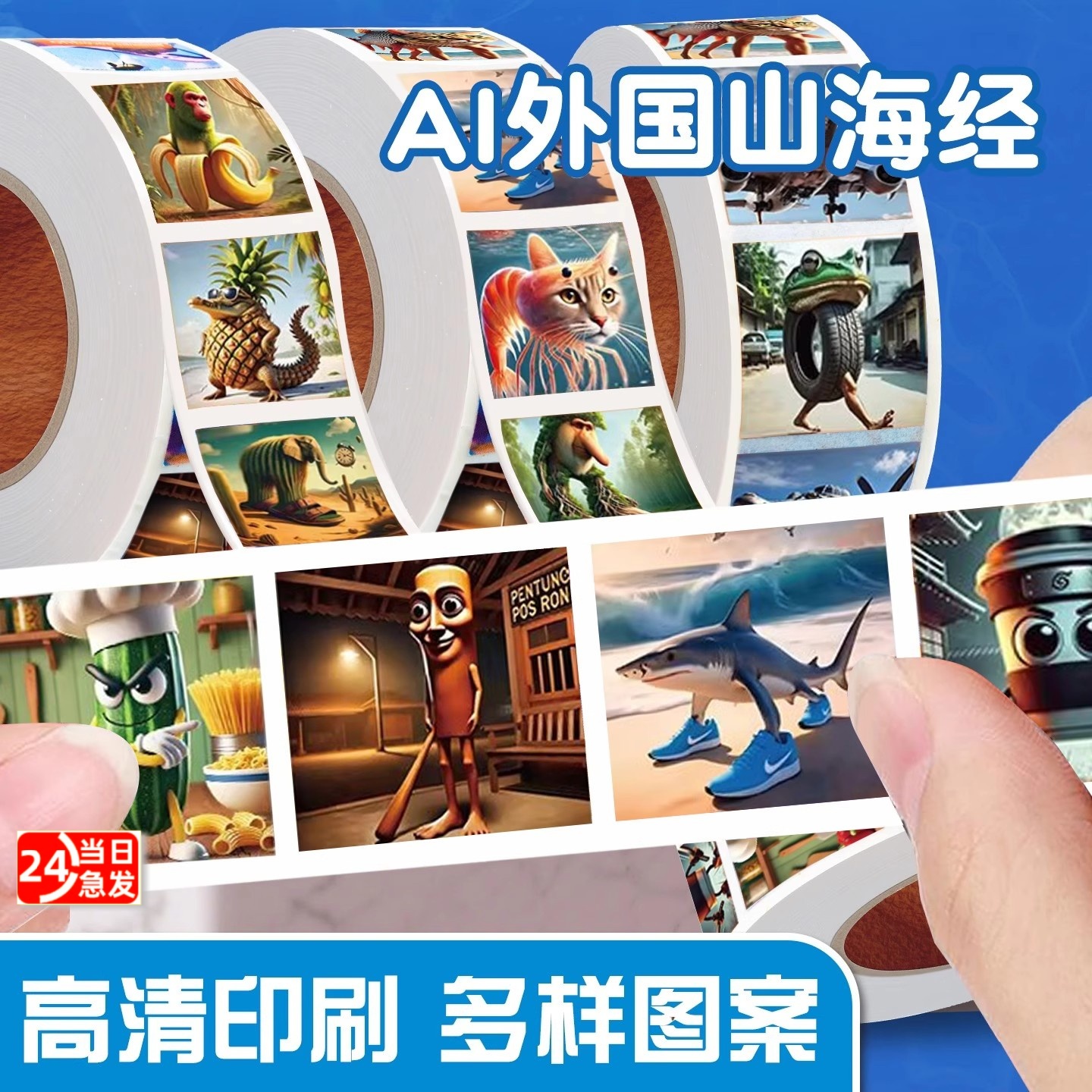 AI国外山海经贴纸卷卷贴女孩儿童木棍人贴画卡通动漫周边可爱搞笑小图案装饰通通哥表情包奖励圆形山海经系列图片