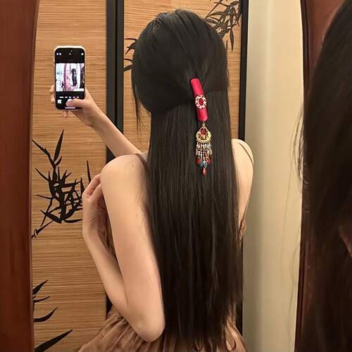 红岭一梦复古红色流苏发夹汉服