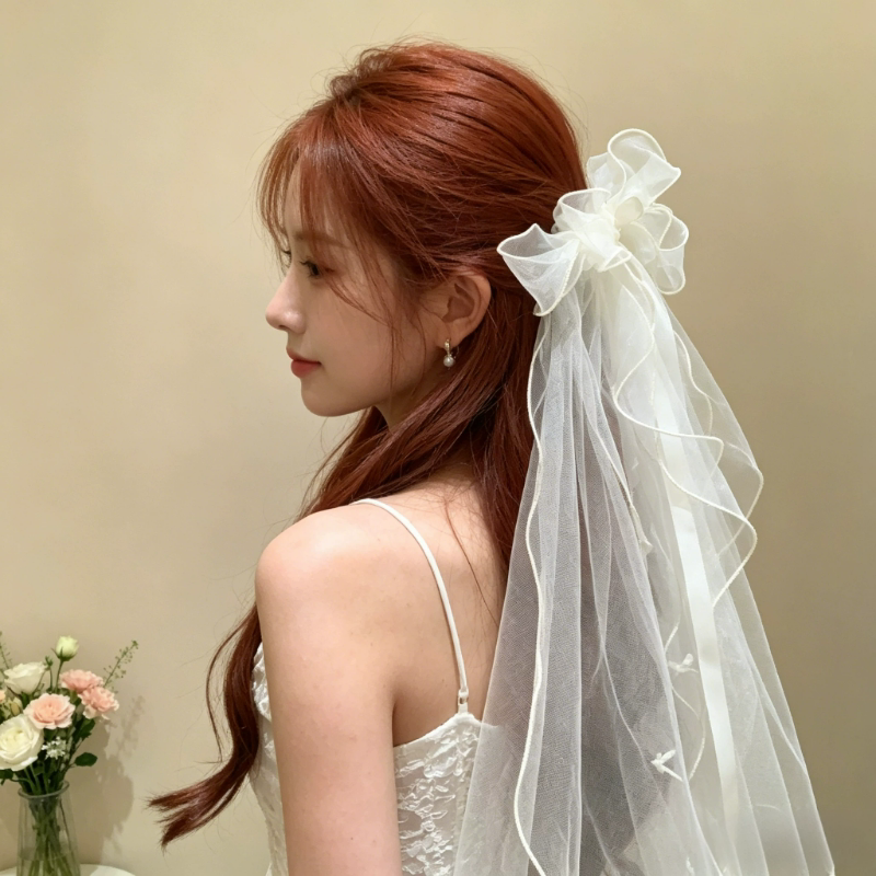 超仙网纱订婚蝴蝶结头纱顶夹后脑勺发夹女生日求婚简约氛围感发饰