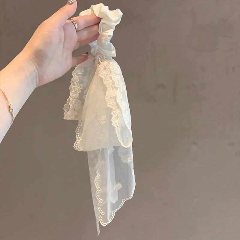 名狐法式蕾丝刺绣飘带发绳