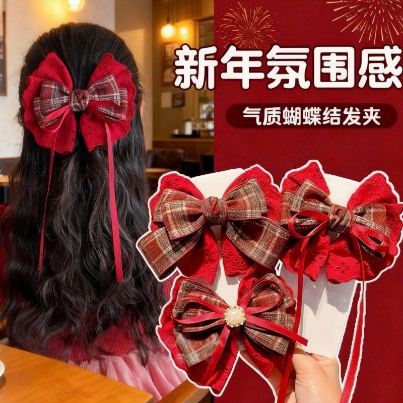 红色复古蕾丝女童过年飘带发夹