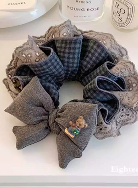 韩系复古灰色格子蝴蝶结蕾丝大肠发圈女超大丸子头低马尾头绳头饰