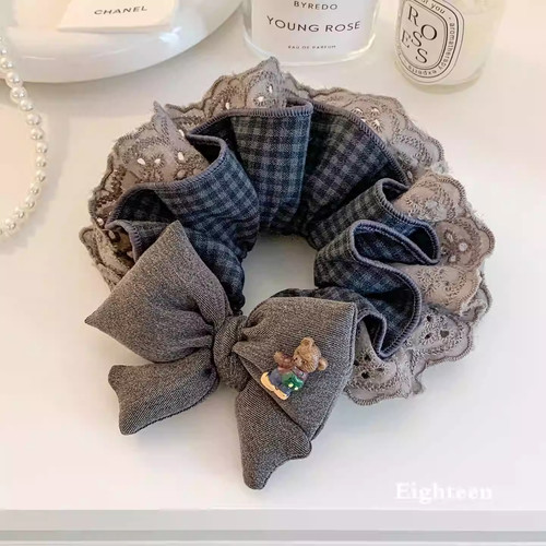 韩系复古灰色格子蝴蝶结发圈