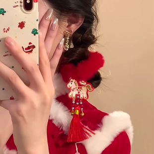 新年马年红色流苏毛绒大肠发圈女氛围感丸子头双马尾发饰头绳新款