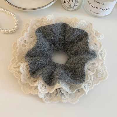 韩系灰色兔毛蕾丝针织大肠发圈
