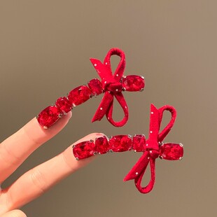 红色闪钻蝴蝶结发夹女前额刘海夹头饰2026新款高端新年侧边夹发卡