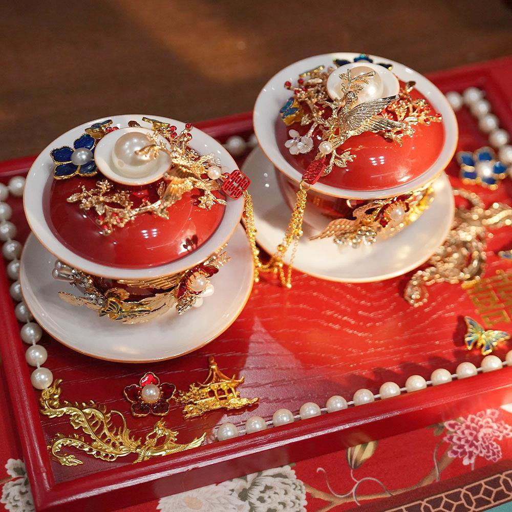 敬茶杯套装婚FKD用品大方全婚女礼改口结茶具红碗筷陪嫁喜碗对碗