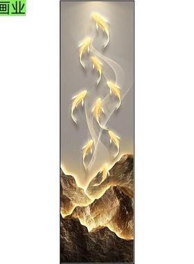 式鱼图玄关装WLL中饰画入户进门面墙挂画走廊过道客厅竖版条长壁