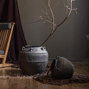 大肚土陶带器耳仿TC40364古老罐罐落地花瓶粗陶花装客厅民宿饰品