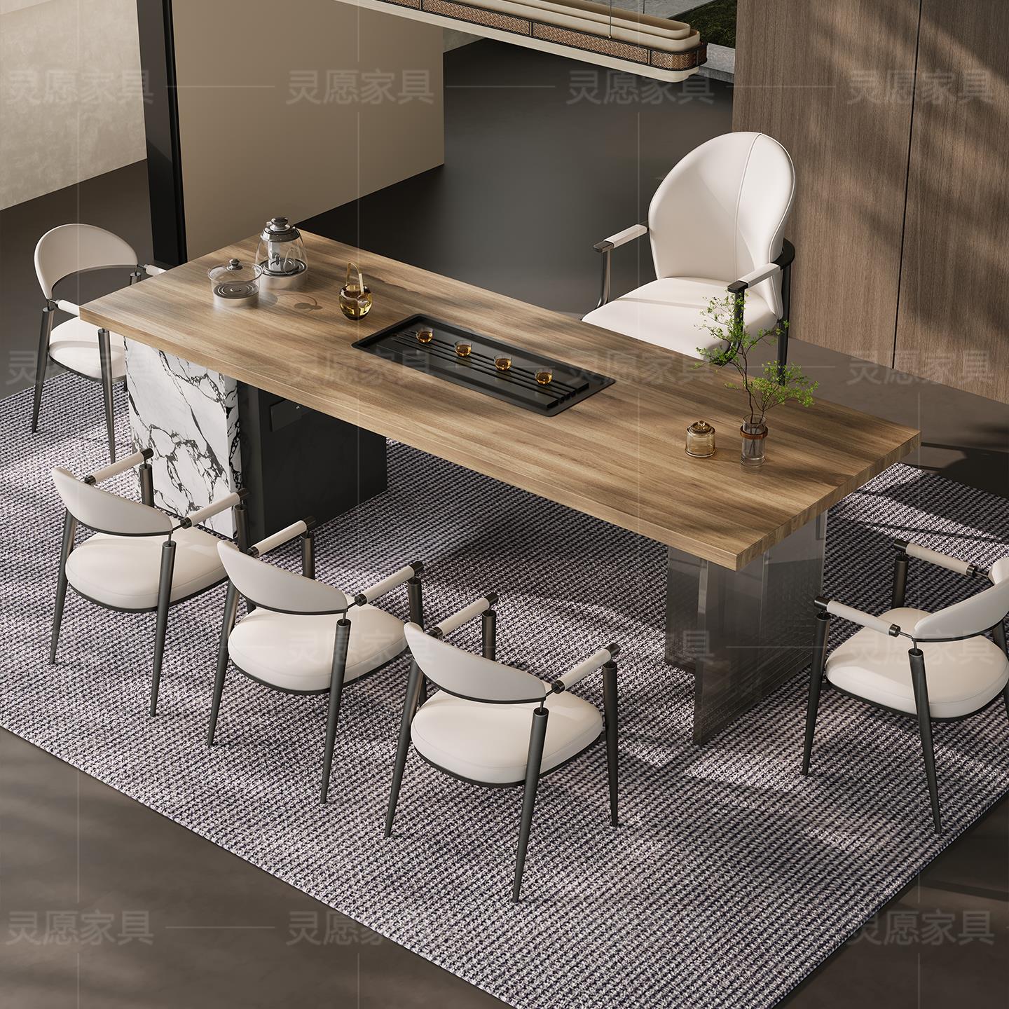 别墅办公感一体灵愿 ??奢现代高级岩木纹板泡茶台高端岩板茶桌轻