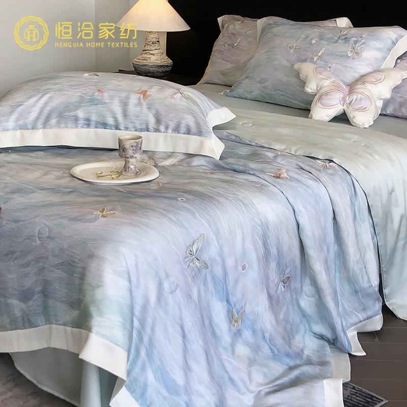 夏季20%丝莱赛尔蚕夏凉被SST四件套蝴刺绣可水空洗裸睡调被蓝蝶紫