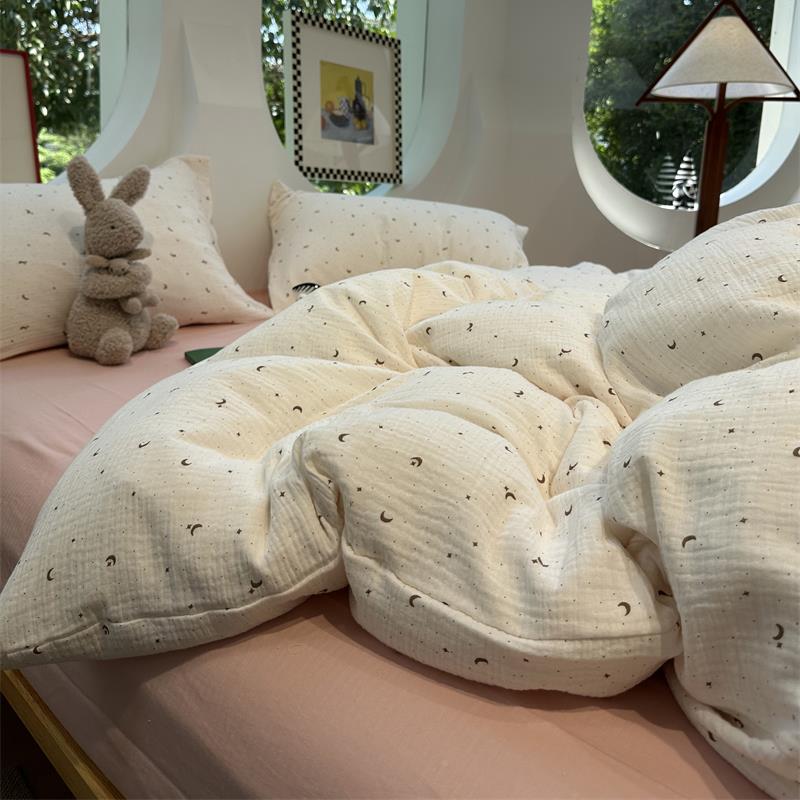 ins风米色星空波皱双层纱四件米LOH套1.5m1.8全棉床单被套点三皱